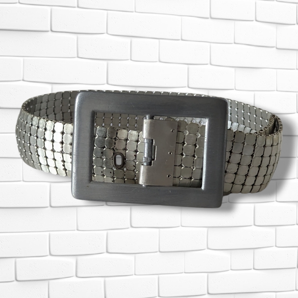 Vintage 70s Mesh Belt Wide Silver Big Buckle Disco Waist Accent